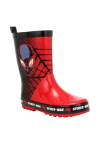 Stivale da pioggia in gomma impermeabile rosso con design di Spider-Man, motivo a ragnatela, finitura lucida e suola nera con il testo "SPIDER-MAN".