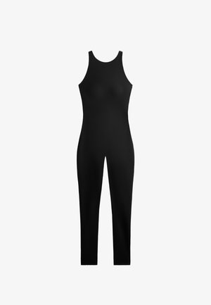 Black sleeveless jumpsuit with a high neckline and form-fitting design. Made from a smooth, stretchy fabric with a solid color.