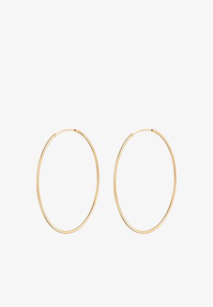 Auksiniai metaliniai auskarai, apvalios formos, lygia tekstūra, plona dizaino, su saugiu uždarymo mechanizmu, blizgiu paviršiumi.