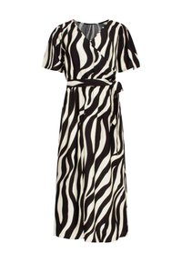 Wikkeljurk in een zebra print patroon, met korte mouwen, een V-halslijn en een strikceintuur, gemaakt van lichte stof in zwart en wit.