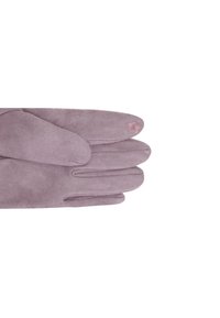 Guanti in suede di un delicato viola chiaro con una texture liscia, quattro dita e un piccolo ricamo a forma di fiore nella zona del polso.