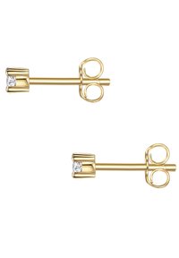 Guldörhängen med stolpe som har en klar ädelsten infattad i en klofasning, med enkel stift och cirkulär baksida för säker passform.