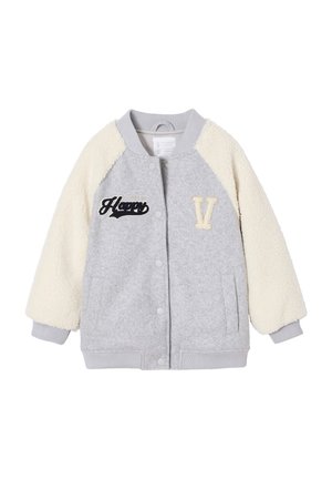 Grey and cream fleece varsity jacket with snap buttons, "Happy" and "V" embroidered on the chest, ribbed cuffs and hem.