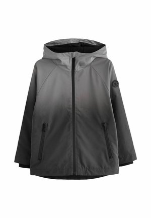 Grey ombre hooded jacket with a full zipper, black accents, and two zippered side pockets. Features a round logo detail on the sleeve.