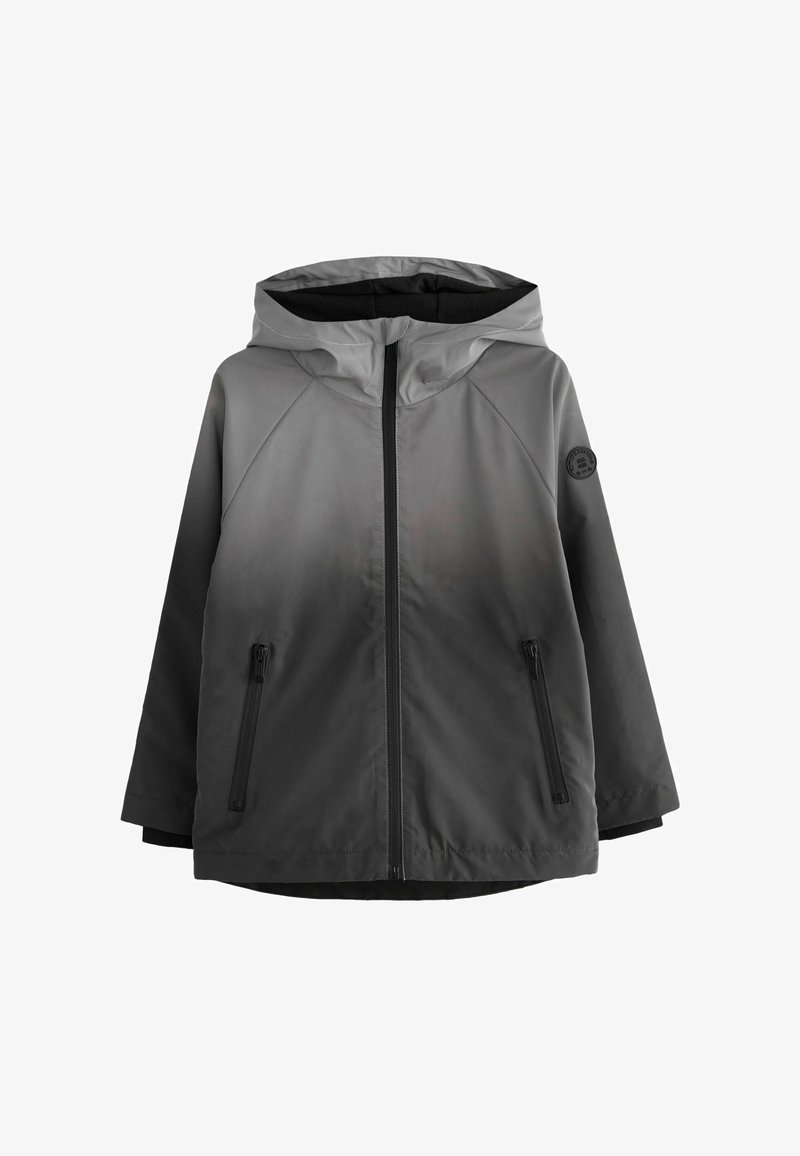 Graue Ombre-Hoodie-Jacke mit vollem Reißverschluss, schwarzen Akzenten und zwei seitlichen Reißverschlusstaschen. Verfügt über ein rundes Logodetail am Ärmel.