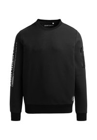 Black sweatshirt made of soft fabric featuring a crew neckline, long sleeves, logo patch, and zippered pocket on the left sleeve.