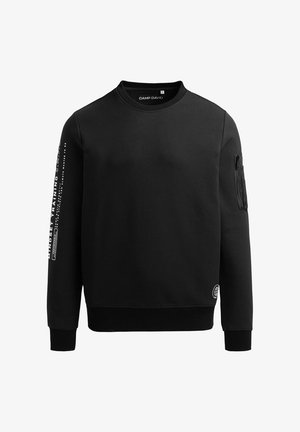 Schwarzer Sweatshirt aus weichem Stoff mit Rundhalsausschnitt, langen Ärmeln, Logopatch und Reißverschlusstasche am linken Ärmel.