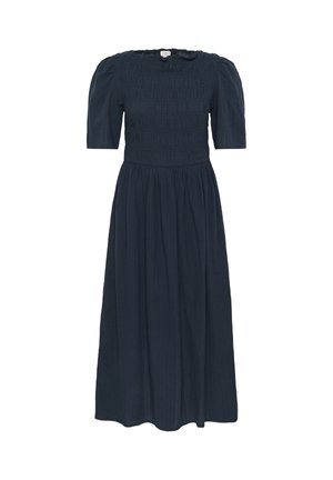 Marineblå midi-kjole med pufærmer, smocket bodice, figursyet talje og rynket skørt, med en lille stofsløjfe nær udskæringen.