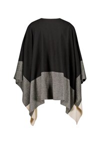 Sort og grå poncho med et trekantet design, der har en blød tekstur, draperet form og kontrasterende kremfarvede accenter i kanten.