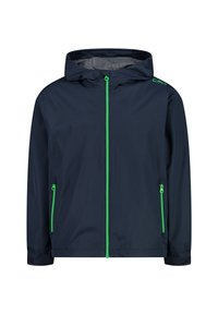 Marine vandtæt jakke med hætte, der har grønne lynlåse, elastiske manchetter og et let design. Mesh-foring for åndbarhed.