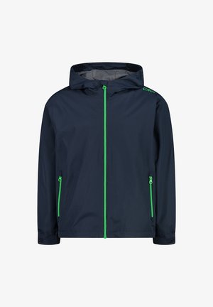 Marine vandtæt jakke med hætte, der har grønne lynlåse, elastiske manchetter og et let design. Mesh-foring for åndbarhed.