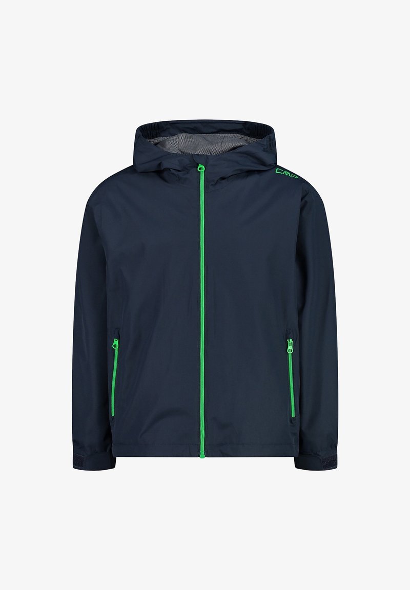 Navy waterproof jacket with a hood, featuring green zippers, elastic cuffs, and a lightweight design. Mesh lining for breathability.