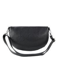 Sac bandoulière en cuir noir avec une forme arrondie, finition texturée, bandoulière amovible et accessoires en argent. Design compact et minimaliste.