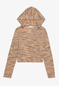 Crop top con cappuccio in un motivo a maglia multicolore caratterizzato da tonalità di arancione, marrone e blu. Scollo a V e maniche lunghe con una finitura testurizzata.