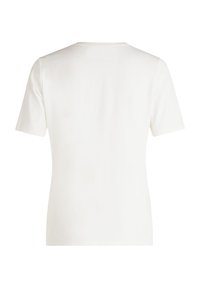 T-shirt blanche à manches courtes avec un col rond, en tissu de coton lisse, présentant un design simple et sans ornements.