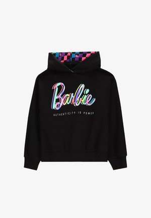 Czarna krótka bluza z kapturem z kolorowym, refleksyjnym logo "Barbie" oraz napisem "AUTENTYCZNOŚĆ TO SIŁA", z wzorem w kratkę wewnątrz kaptura.