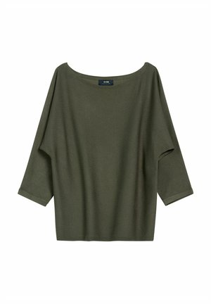 Oliwkowa, oversize bluzka z szerokim dekoltem łódkowym, rękawami o długości trzech ćwierci i miękkim, teksturowanym materiałem. Prosty i minimalistyczny design.