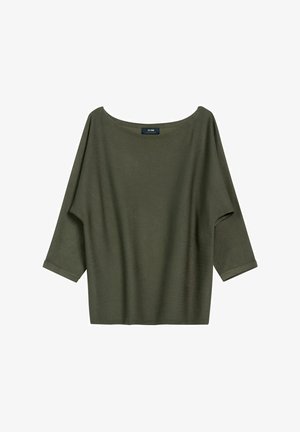 Oliwkowa, oversize bluzka z szerokim dekoltem łódkowym, rękawami o długości trzech ćwierci i miękkim, teksturowanym materiałem. Prosty i minimalistyczny design.