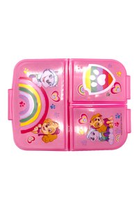 Boîte à lunch en plastique rose ornée de personnages de chiens de dessin animé, d'un arc-en-ciel, de cœurs et d'impressions de pattes. Elle possède deux compartiments avec des motifs colorés.