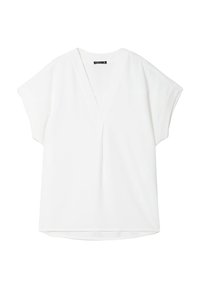 Top bianco a maniche corte con scollatura a V profonda. Tessuto leggero e morbido con orlo dritto. Nessun motivo o decorazione.