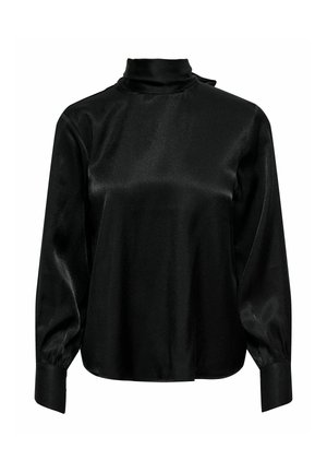 Blouse noire en satin à manches longues avec col montant et manches finition poignets, texture lisse et léger brillant.