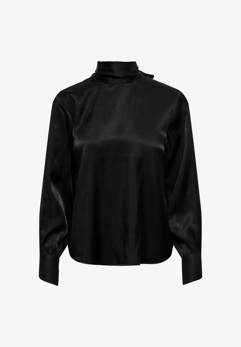 Blouse noire en satin à manches longues avec col montant et manches finition poignets, texture lisse et léger brillant.