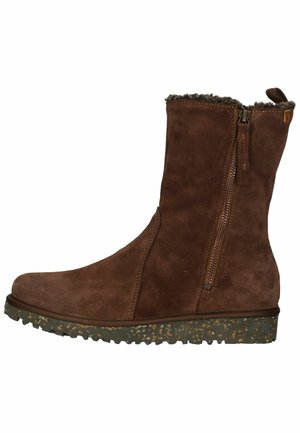 Brown suede ankle boot with a side zipper, textured rubber sole featuring speckles, and a soft, fur-lined collar at the top.