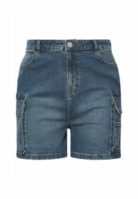 Farkku cargo-shortsit keskipesussa, joissa on kaksi sivutaskua, etupainikekiinnitys ja ommeltu yksityiskohtia saumoissa.