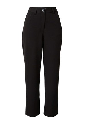 Schwarze, gerade Hosen aus glattem Stoff. Mit einem Bund mit Knopfverschluss und zwei Seitentaschen. Keine sichtbaren Muster.