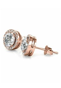 Orecchini a stud in oro rosa con un grande strass trasparente centrale circondato da piccoli strass trasparenti in una montatura circolare.