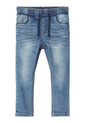 Pantaloni da jogging in denim blu con vita elastica, cordino, tasche frontali e vestibilità slim. Presentano una finitura sbiadita e dettagli cuciti.