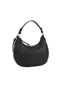 Borsa a spalla nera in pelle testurizzata con silhouette curva, manico corto e un accento in metallo argentato nella parte anteriore.