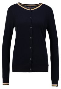 Marineblauer Cardigan mit langen Ärmeln, V-Ausschnitt, Knopfverschluss, gerippten Bündchen mit gelben und weißen Streifen sowie einer glatten Textur.