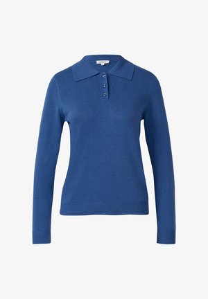 Blauwe lange mouwen polo trui met geribbelde onderkant, voorzien van een kraag en een knoopsluiting met drie knopen, gemaakt van een gladde breiselstof.
