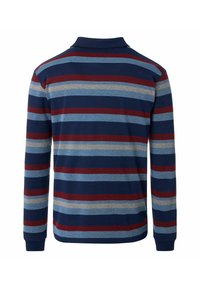 Koszula polo z długim rękawem, w poziome paski w kolorze granatowym, jasnoniebieskim, czerwonym i beżowym. Wykonana z miękkiego materiału, z klasycznym kołnierzykiem.