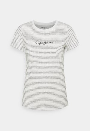 T-shirt blanc à manches courtes avec fines rayures horizontales noires et texte noir "Pepe Jeans London" sur la poitrine.
