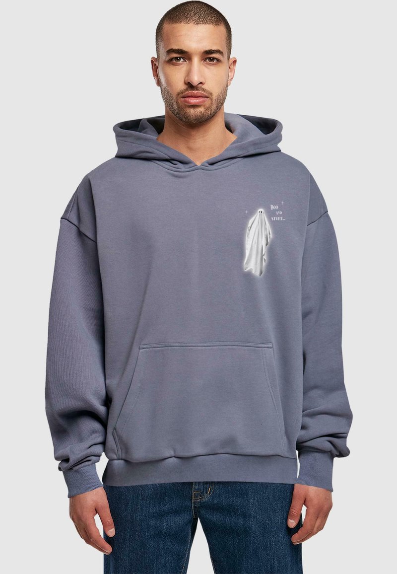 Gray hoodie with a front pocket, featuring a white ghost graphic and text. Loose fit, ribbed cuffs, and soft fabric texture.