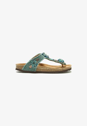 Sandale tongs turquoise avec perles, semelle en liège, semelle intérieure souple et découpes décoratives le long de la bride.