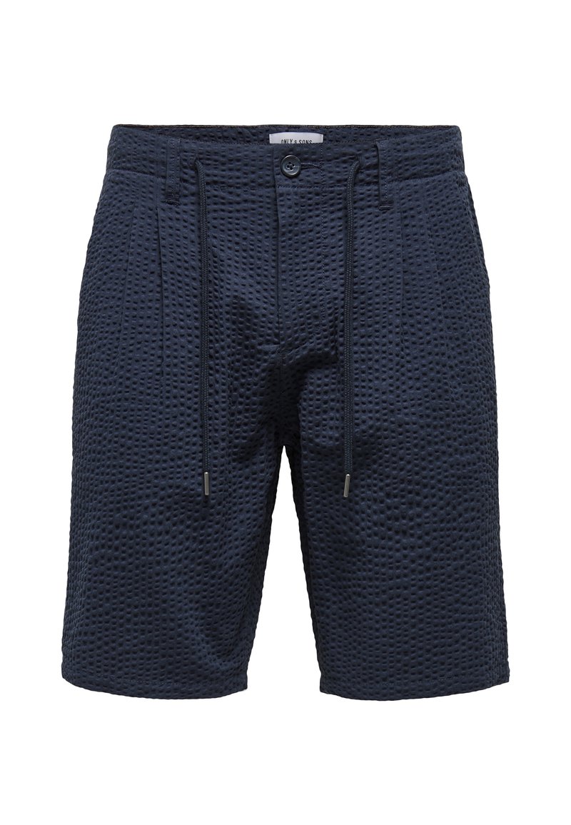 Shorts bleu marine en tissu texturé avec un motif géométrique, dotés d'une taille élastique et de cordons de serrage pour un ajustement adaptable.