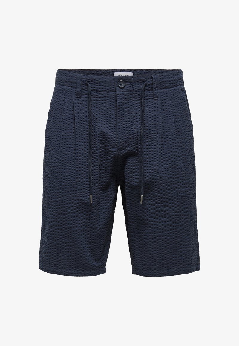 Marineblaue Shorts aus strukturiertem Stoff mit geometrischem Muster, ausgestattet mit einem elastischen Bündchen und Kordeln für eine anpassbare Passform.
