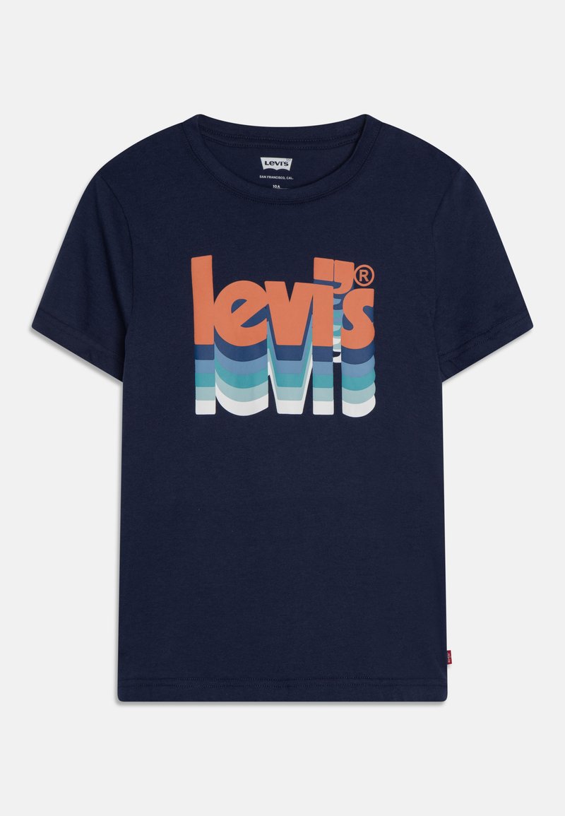 T-shirt en coton marine avec un design graphique sur le devant comprenant un texte "levi's" multicolore et des bandes ondulées dans des tons orange et bleu.