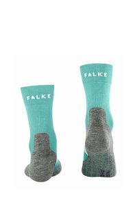 Turkusowe i szare skarpetki z widocznym logo 'FALKE' na górnej opasce, prezentujące oryginalny design i wykonanie.