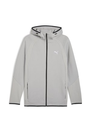 Lichtgrijze hoodie-jack met zwarte accenten, voorzien van een ritssluiting aan de voorkant, zijzakken en een gestructureerd ontwerp langs de mouwen.