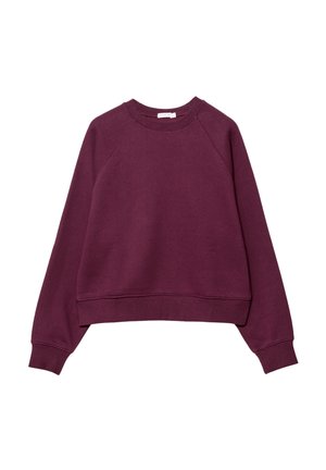 Burgunderfarbener Sweatshirt mit Rundhalsausschnitt, Raglanärmeln und geripptem Saum. Hergestellt aus weichem Stoff mit glatter Textur. Keine Muster oder Akzente.