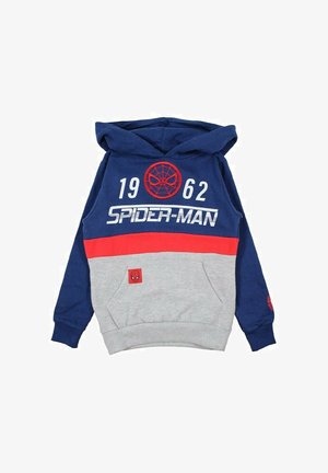 Sweat à capuche avec un haut bleu marine, des rayures horizontales rouges et grises, une poche avant et un écusson logo Spider-Man. Confectionné en tissu doux.