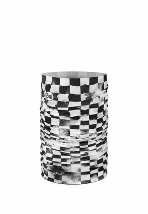 Scaldacollo multifunzionale a quadretti bianchi e neri con piccolo logo "Buff" in alto a sinistra.