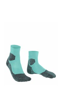 Türkisfarbene Knöchelsocken mit schwarzen Akzenten; ein Paar zeigt verschiedene Winkel, um die Textur und Designelemente zu präsentieren.