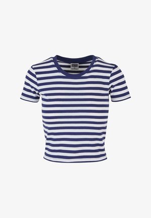 Tricou cu dungi albastre și albe, cu mâneci scurte, decolteu rotund și un design scurt, fitted, dintr-un material moale și elastic. Eticheta Urban Classics este vizibilă.