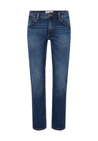 Jeans in denim blu scuro con taglio dritto. Le caratteristiche includono una chiusura con bottone, cinque tasche e cuciture a contrasto.