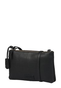 Borsa a tracolla in pelle nera con finitura texture, chiusura con zip, tracolla regolabile e una piccola etichetta con logo. Forma rettangolare snella.